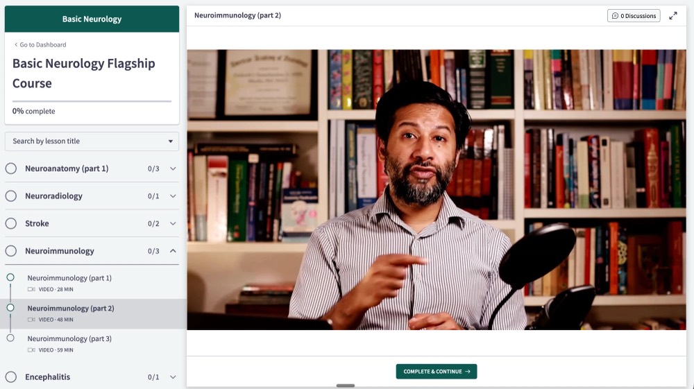 The Flagship Course as students see it: a module list on the left
                and a video lesson playing on the right.